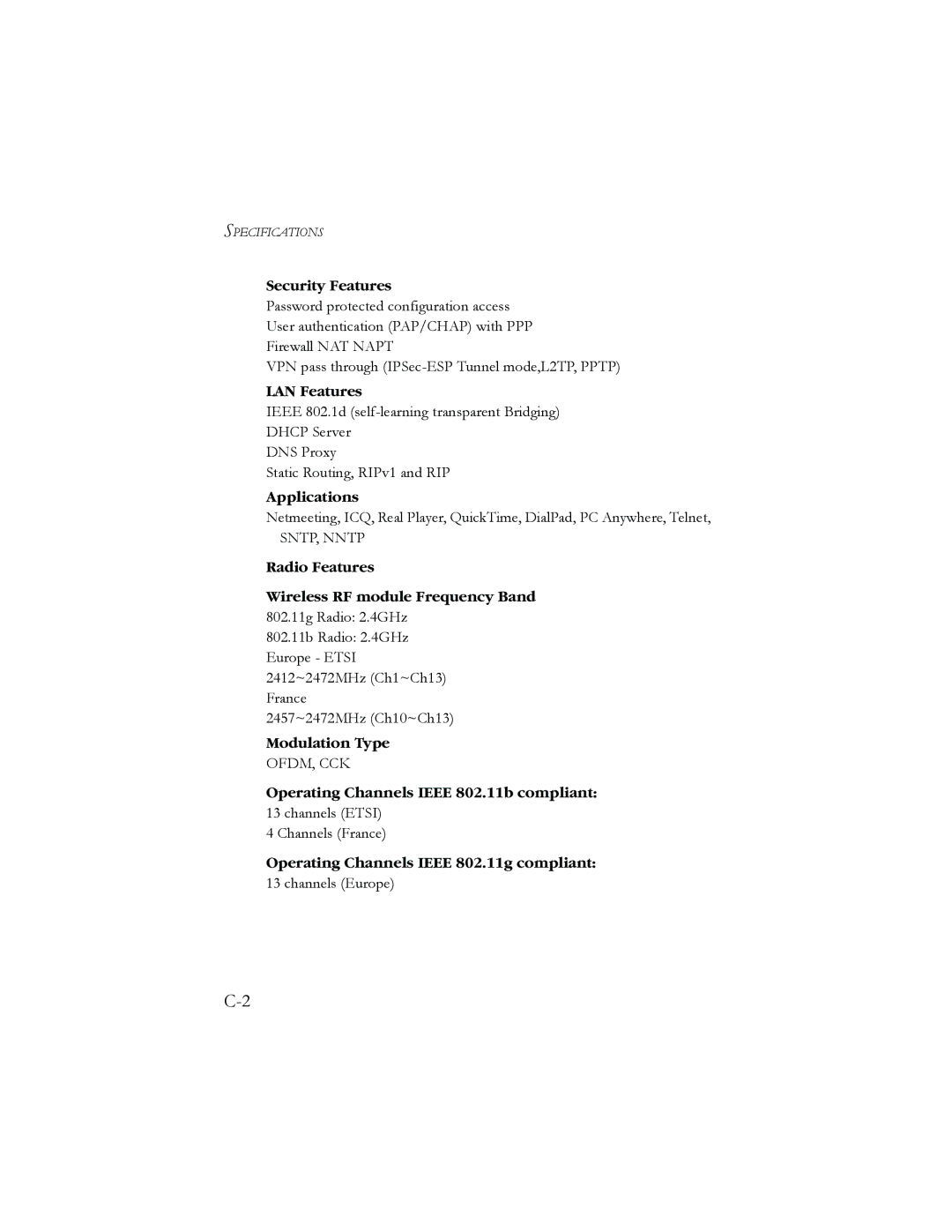 SMC Networks AR4505GW manual Security Features, LAN Features, Applications, Modulation Type 