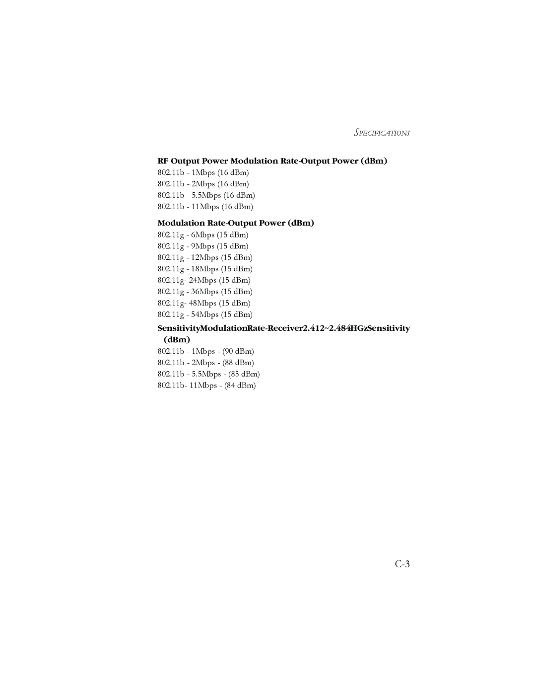 SMC Networks AR4505GW manual Modulation Rate-Output Power dBm 802.11g 6Mbps 15 dBm 