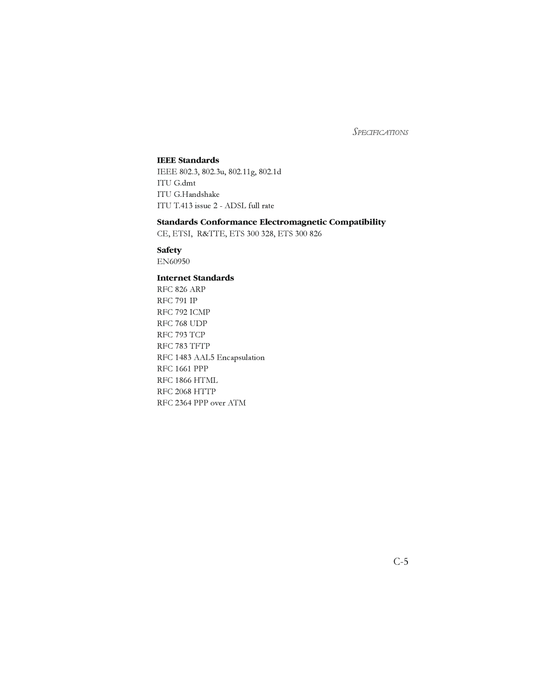 SMC Networks AR4505GW Ieee Standards, Standards Conformance Electromagnetic Compatibility, Safety, Internet Standards 