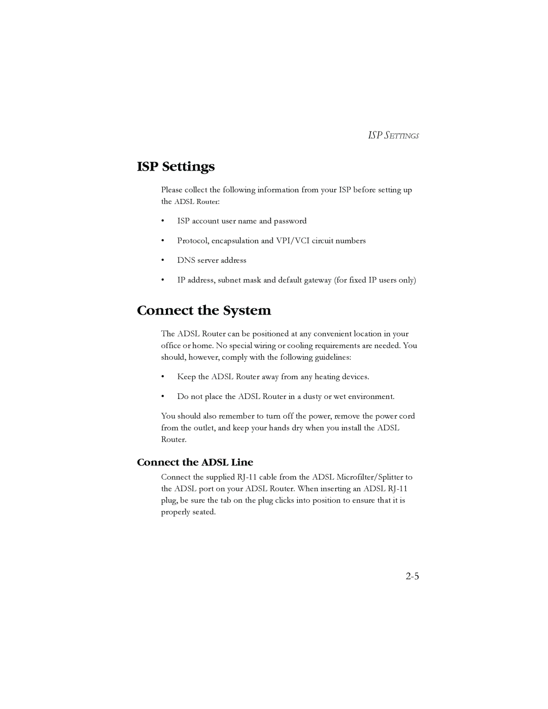 SMC Networks AR4505GW manual ISP Settings, Connect the System, Connect the Adsl Line 