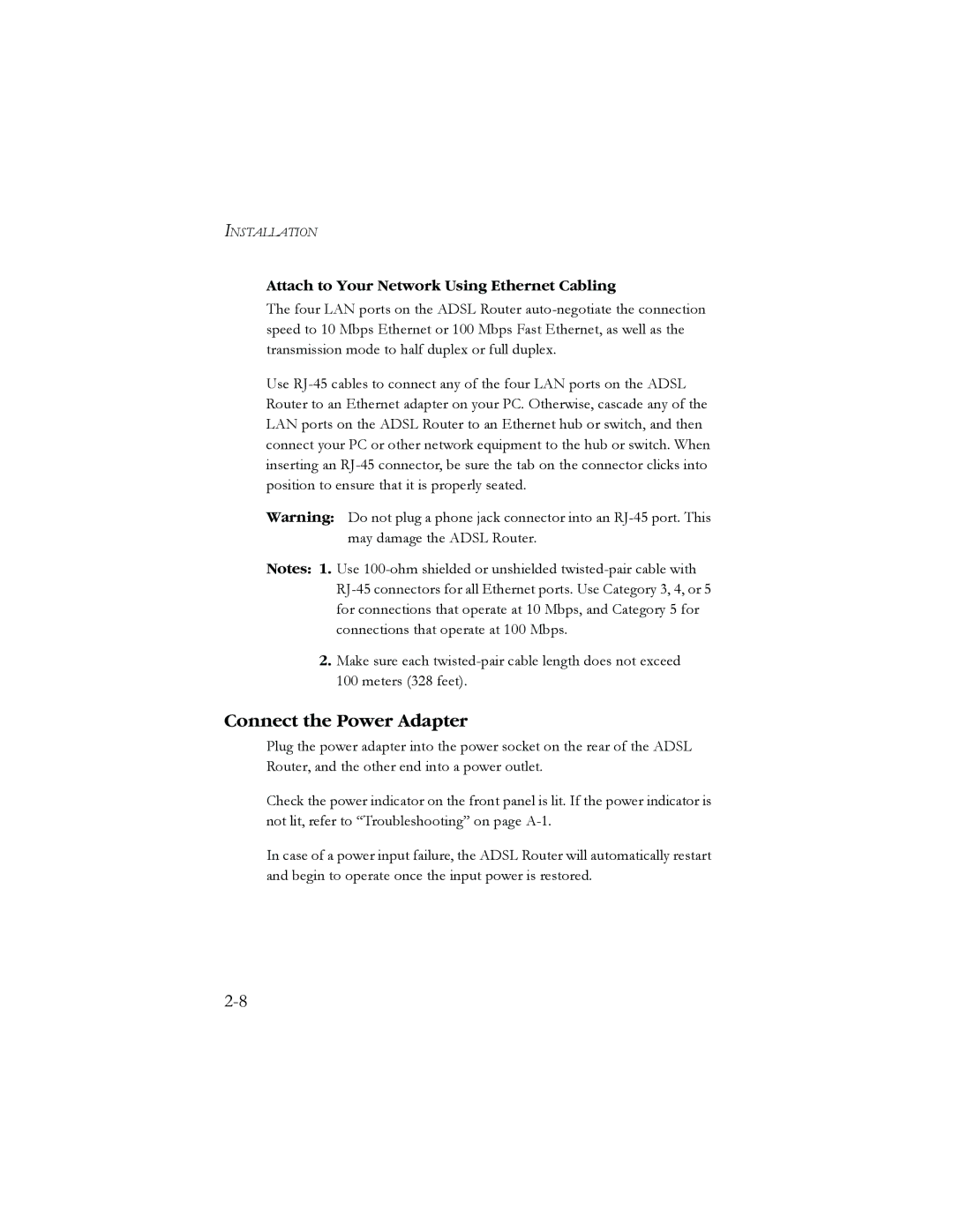 SMC Networks AR4505GW manual Connect the Power Adapter, Attach to Your Network Using Ethernet Cabling 