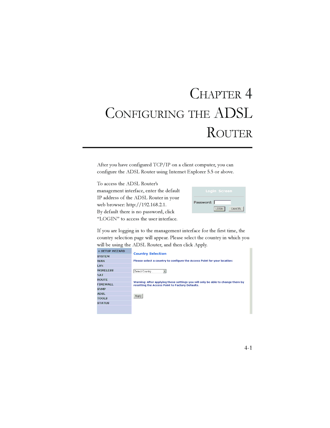 SMC Networks AR4505GW manual Chapter Configuring the Adsl Router 