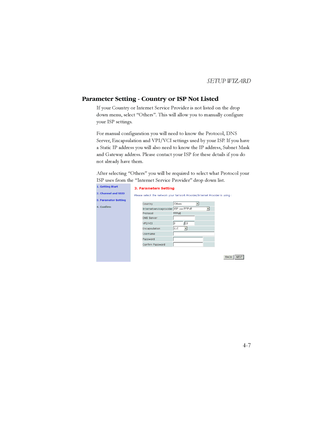 SMC Networks AR4505GW manual Parameter Setting Country or ISP Not Listed 