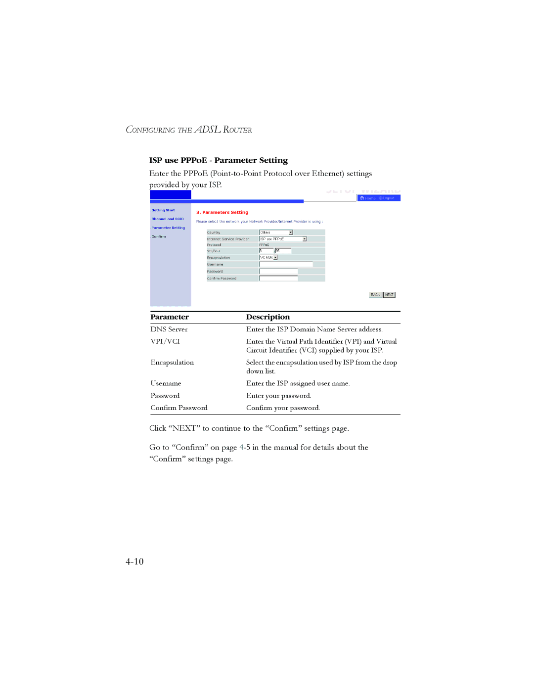 SMC Networks AR4505GW manual ISP use PPPoE Parameter Setting 