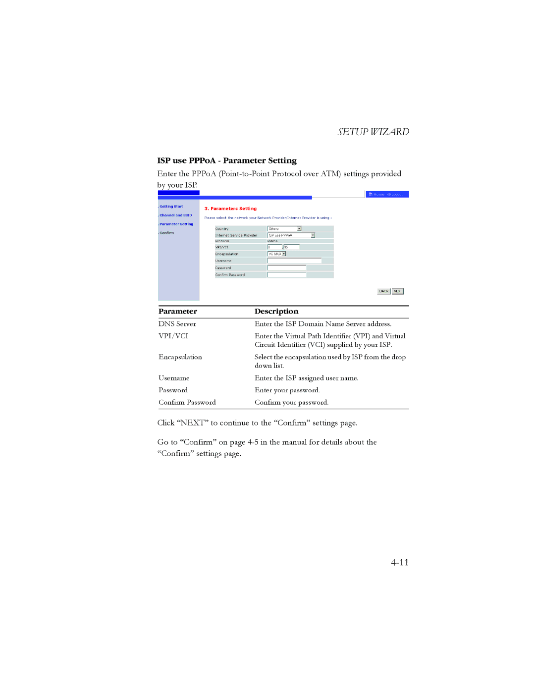 SMC Networks AR4505GW manual ISP use PPPoA Parameter Setting 