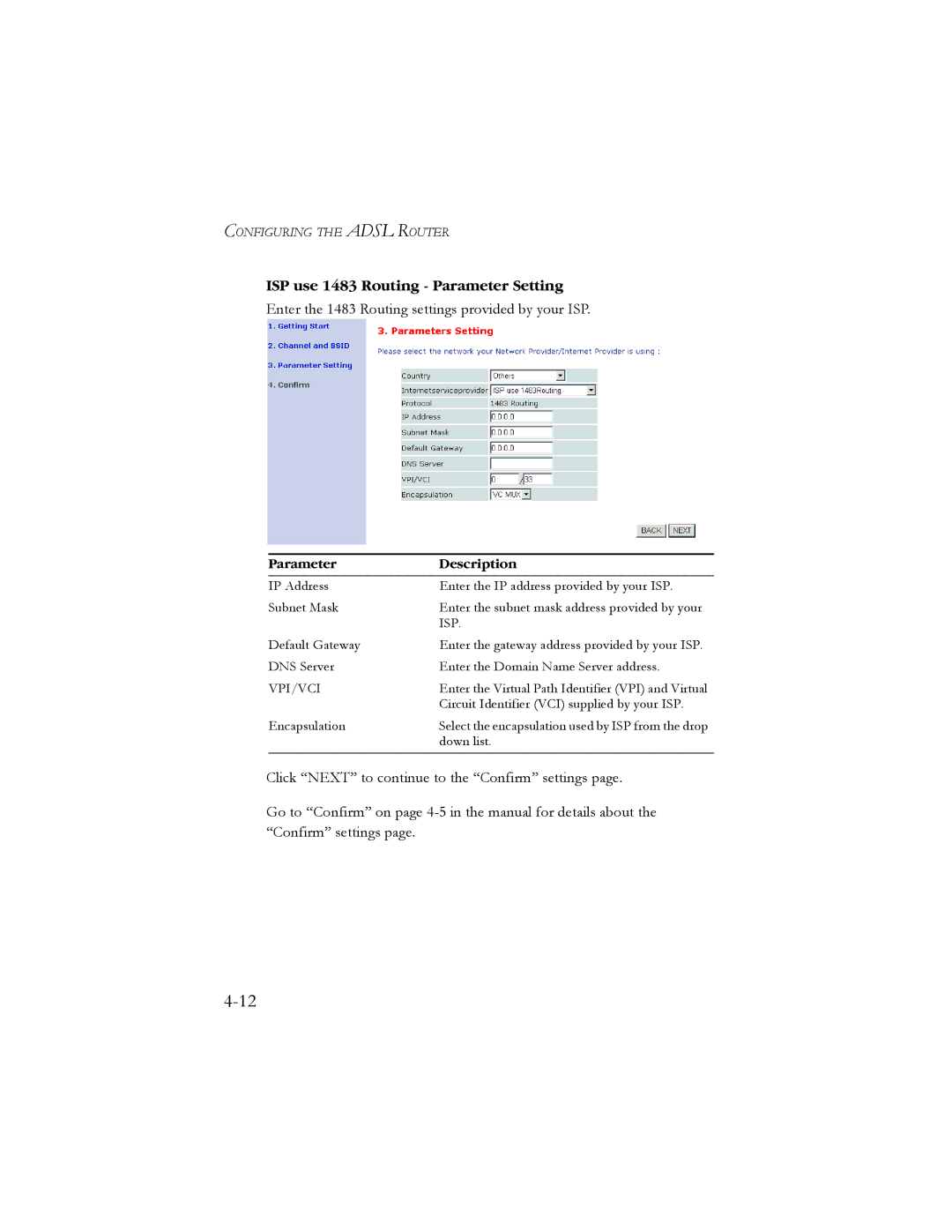 SMC Networks AR4505GW manual ISP use 1483 Routing Parameter Setting, Enter the 1483 Routing settings provided by your ISP 