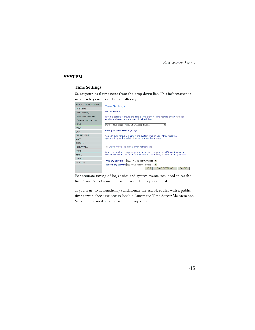 SMC Networks AR4505GW manual System, Time Settings 