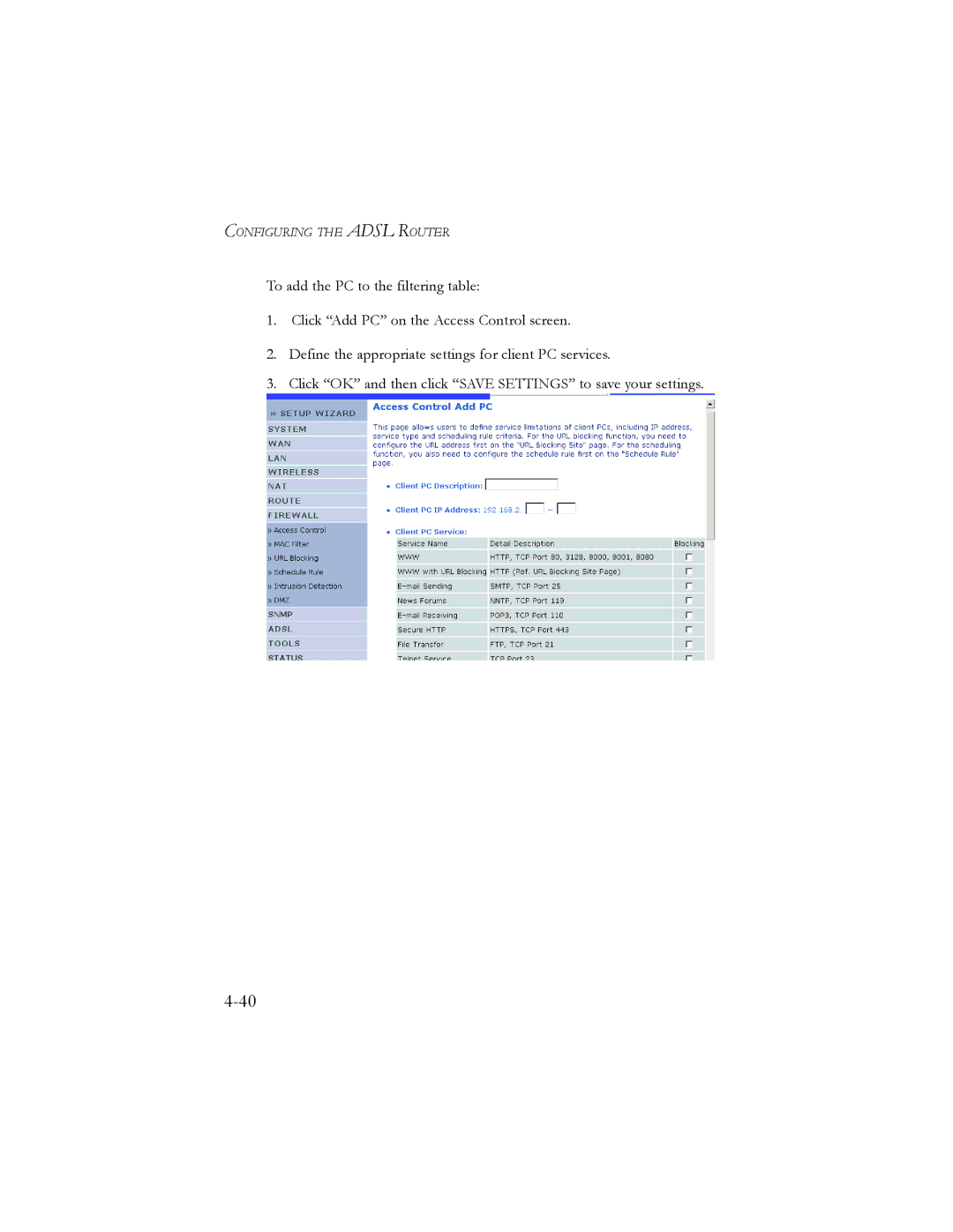 SMC Networks AR4505GW manual Configuring the Adsl Router 