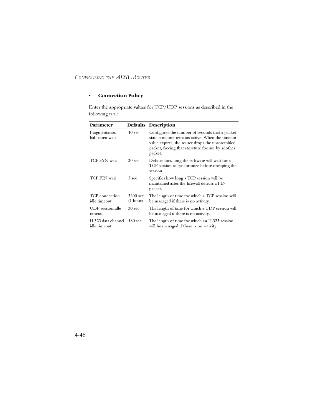 SMC Networks AR4505GW manual Connection Policy, Parameter Defaults Description 