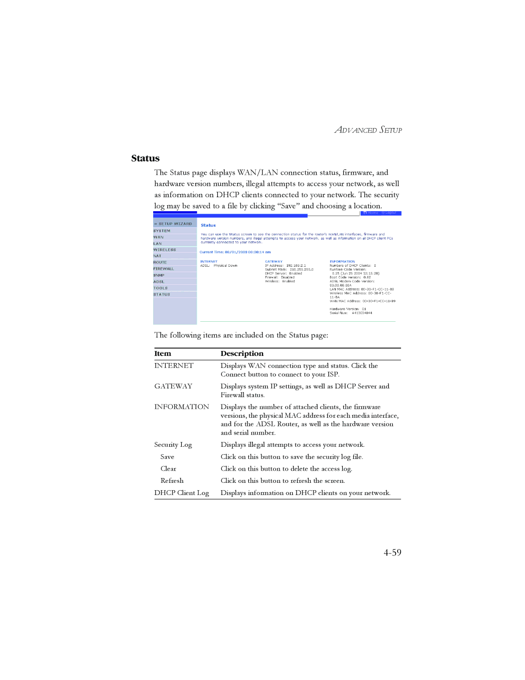 SMC Networks AR4505GW manual Status, Information 