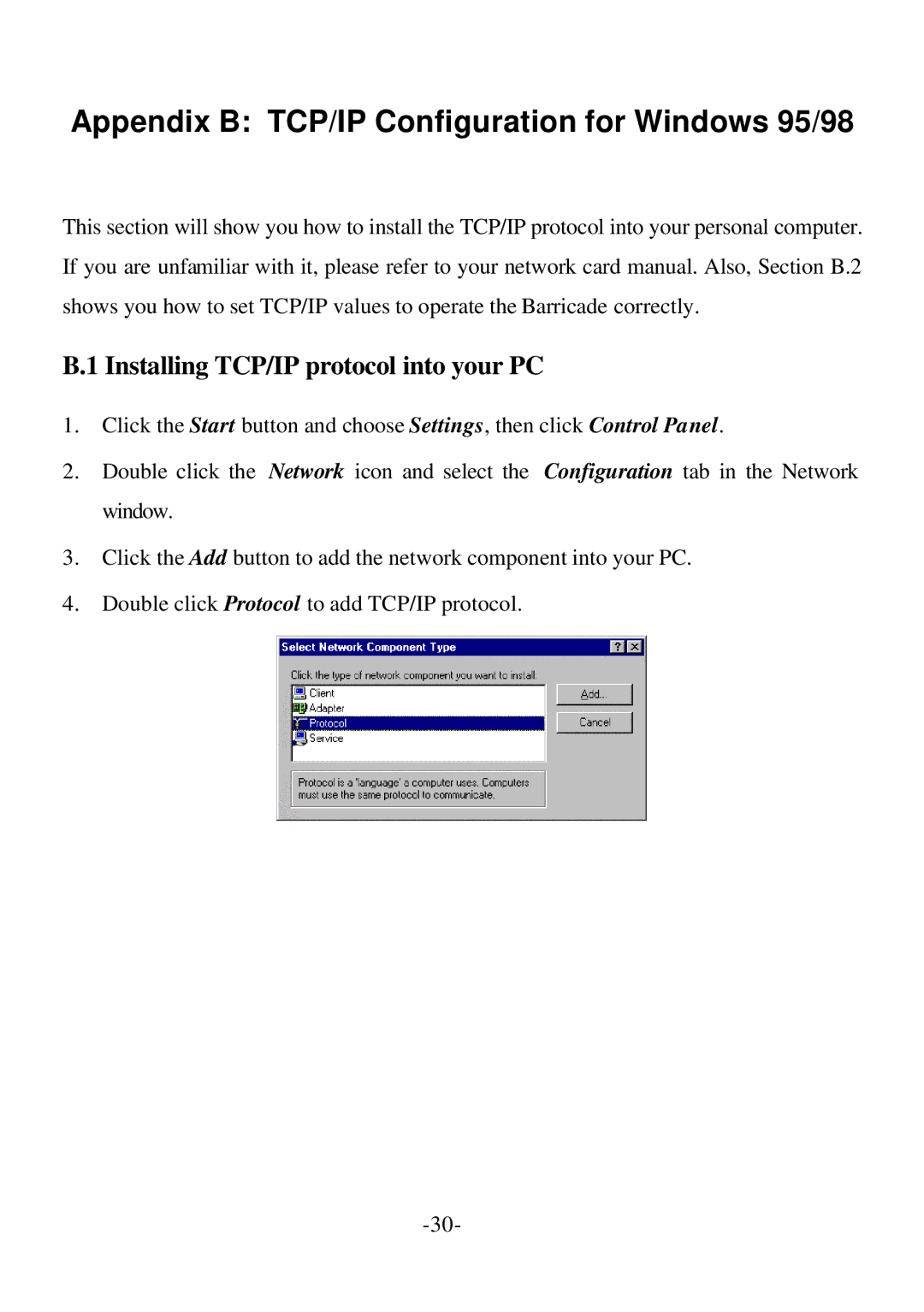 SMC Networks Barricade Appendix B TCP/IP Configuration for Windows 95/98, Installing TCP/IP protocol into your PC 