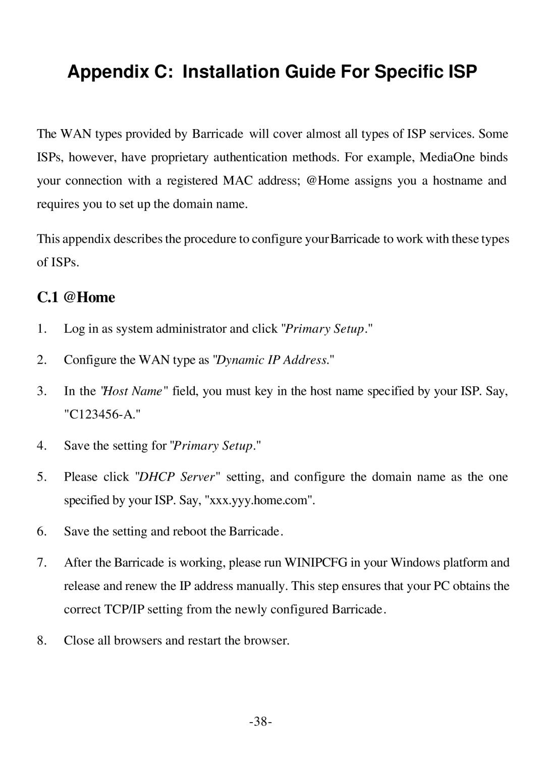 SMC Networks Barricade specifications Appendix C Installation Guide For Specific ISP, @Home 