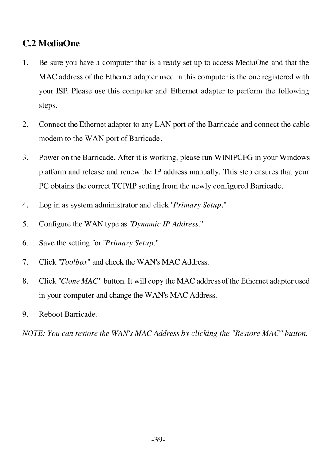 SMC Networks Barricade specifications MediaOne 