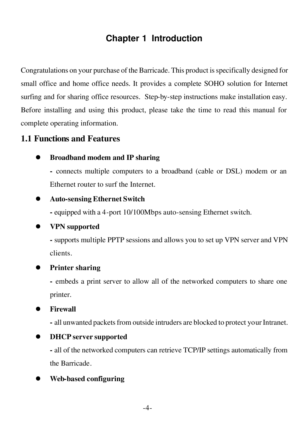 SMC Networks Barricade specifications Introduction, Functions and Features 