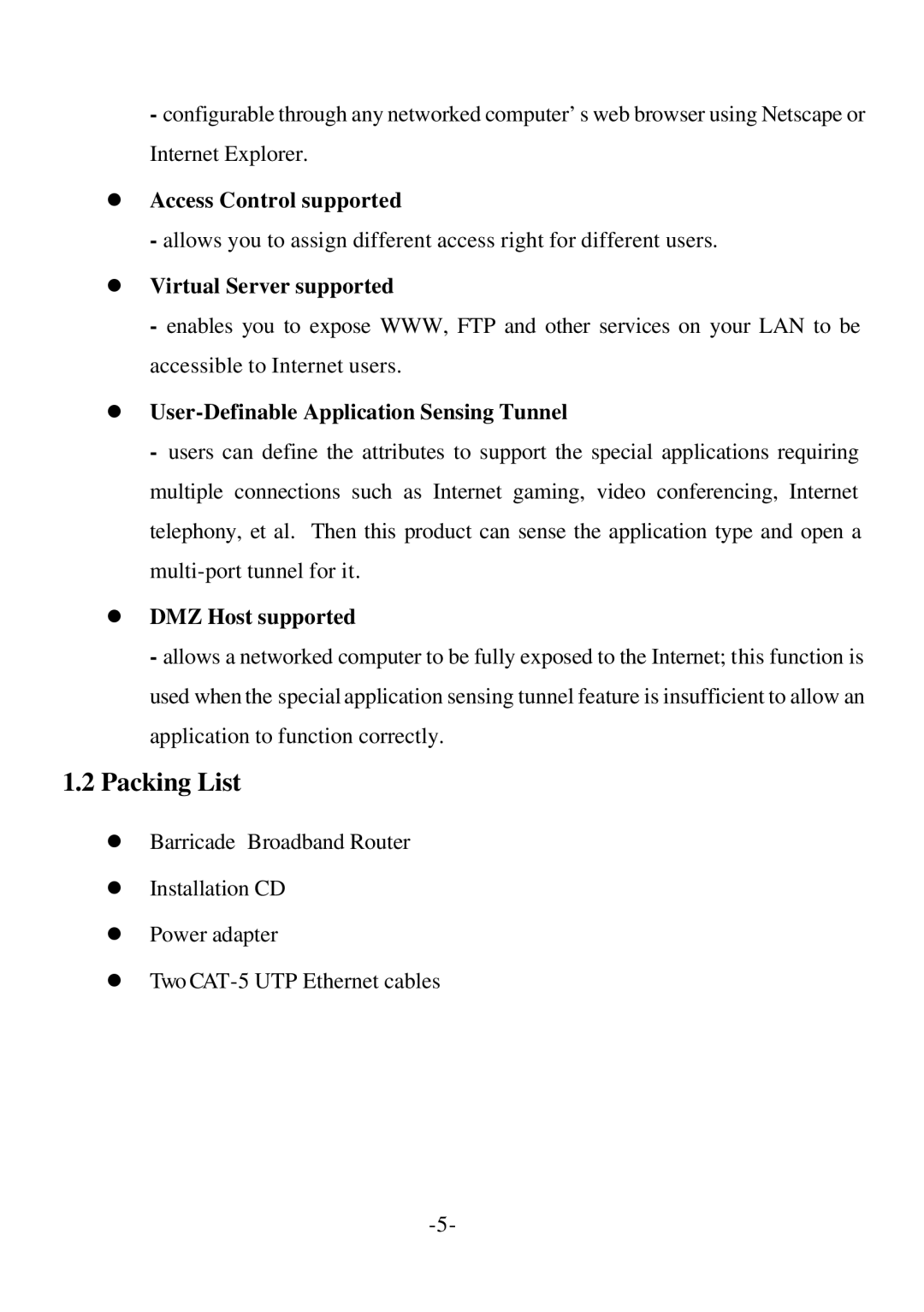 SMC Networks Barricade specifications Packing List, Virtual Server supported 