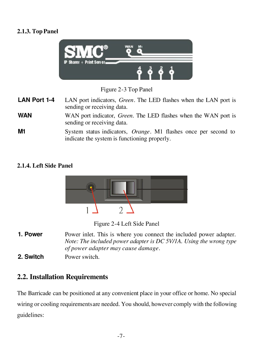 SMC Networks Barricade specifications Installation Requirements, Top Panel 