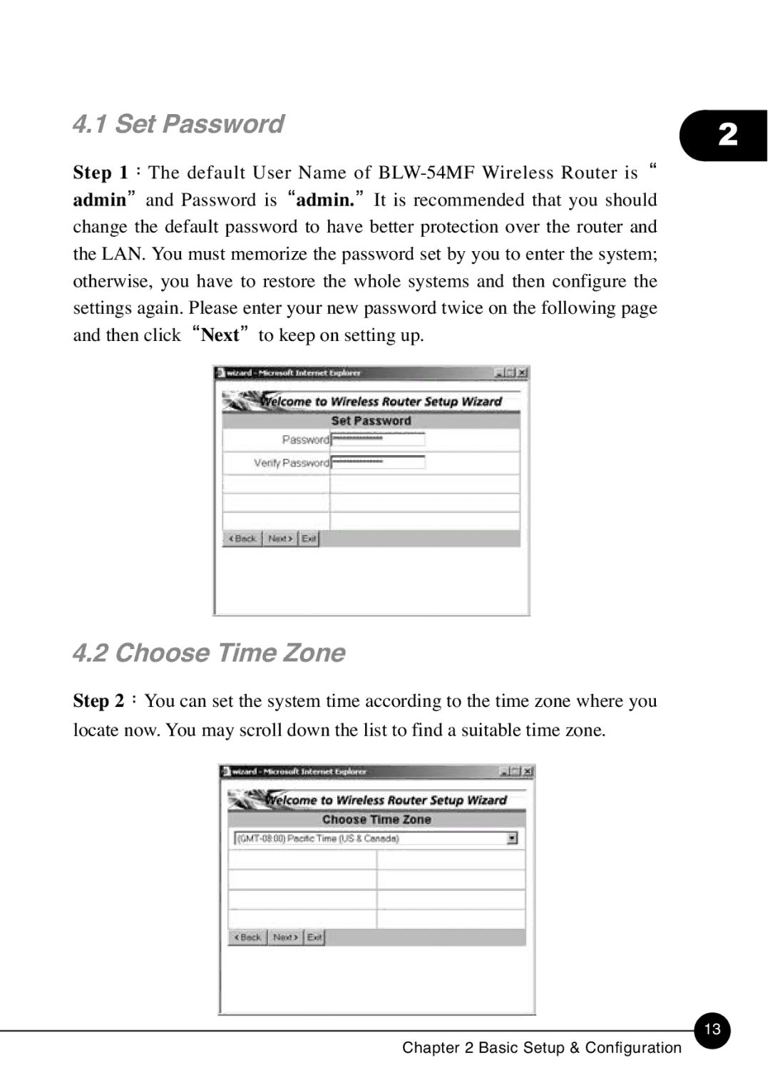 SMC Networks BLW-54MF manual Set Password, Choose Time Zone 