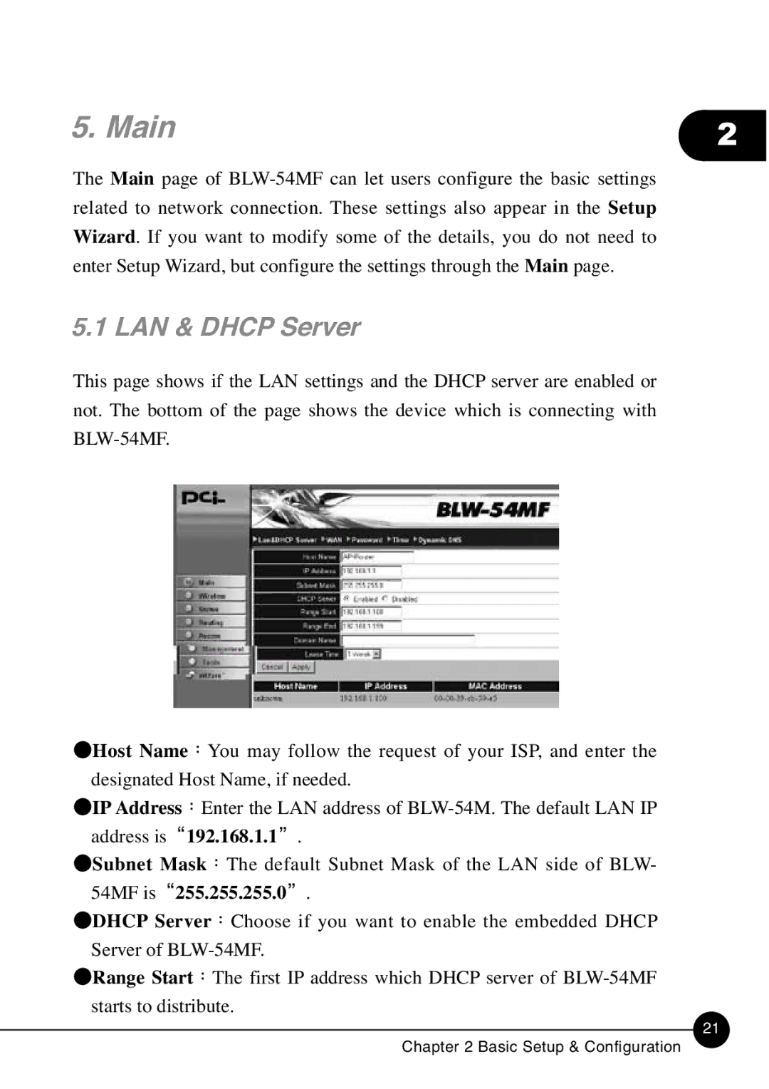 SMC Networks BLW-54MF manual Main, LAN & Dhcp Server 