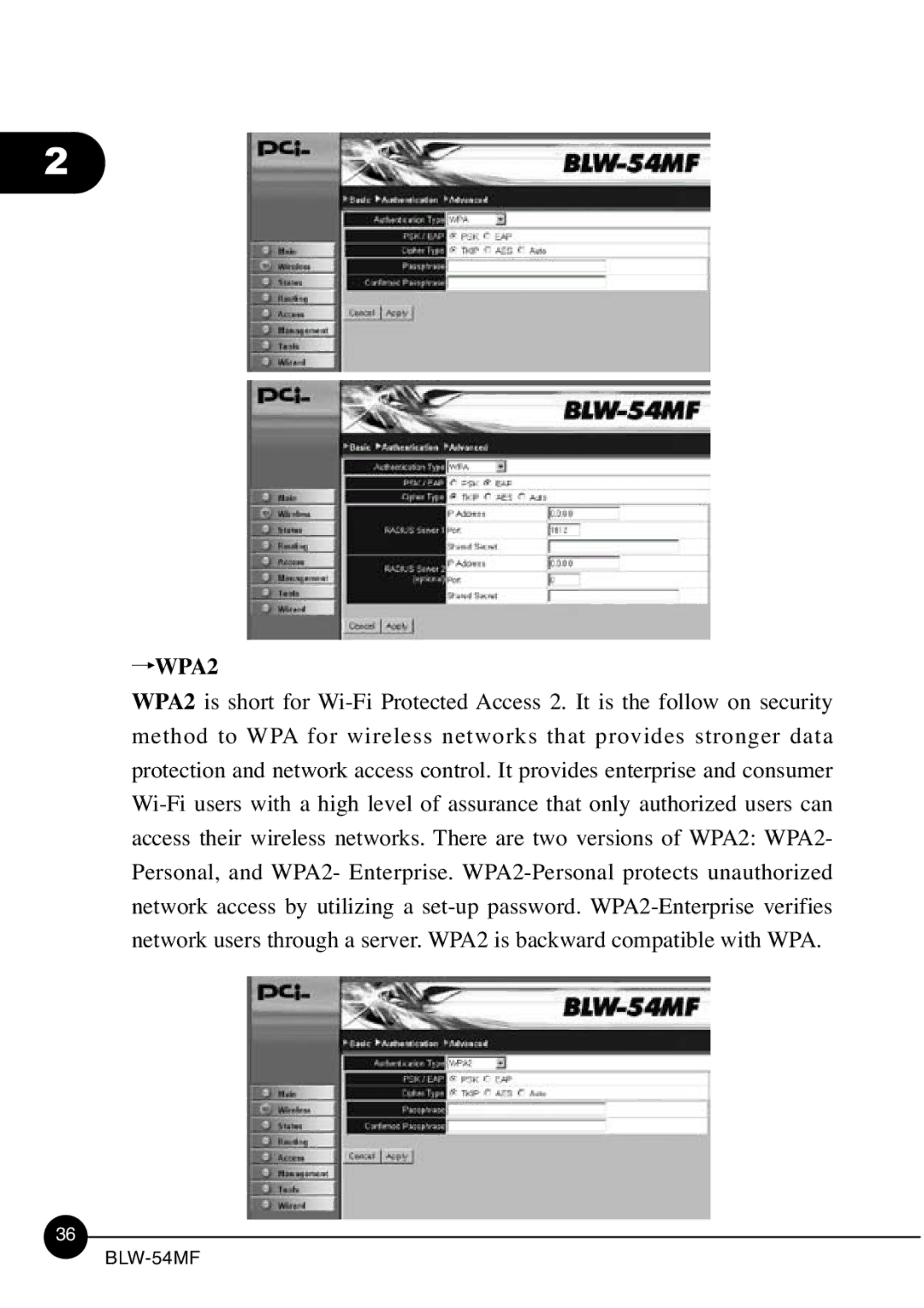 SMC Networks BLW-54MF manual WPA2 