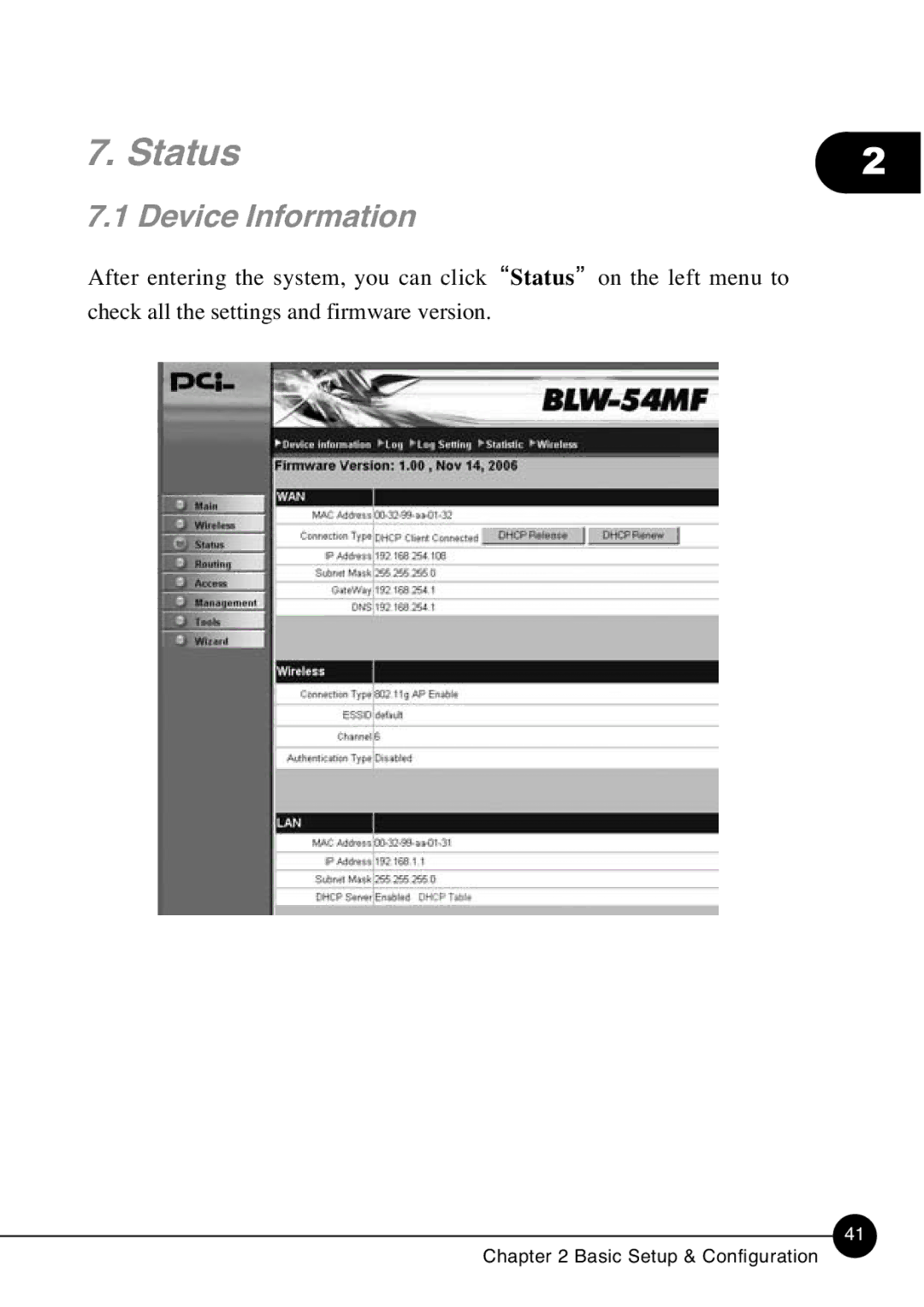 SMC Networks BLW-54MF manual Status, Device Information 