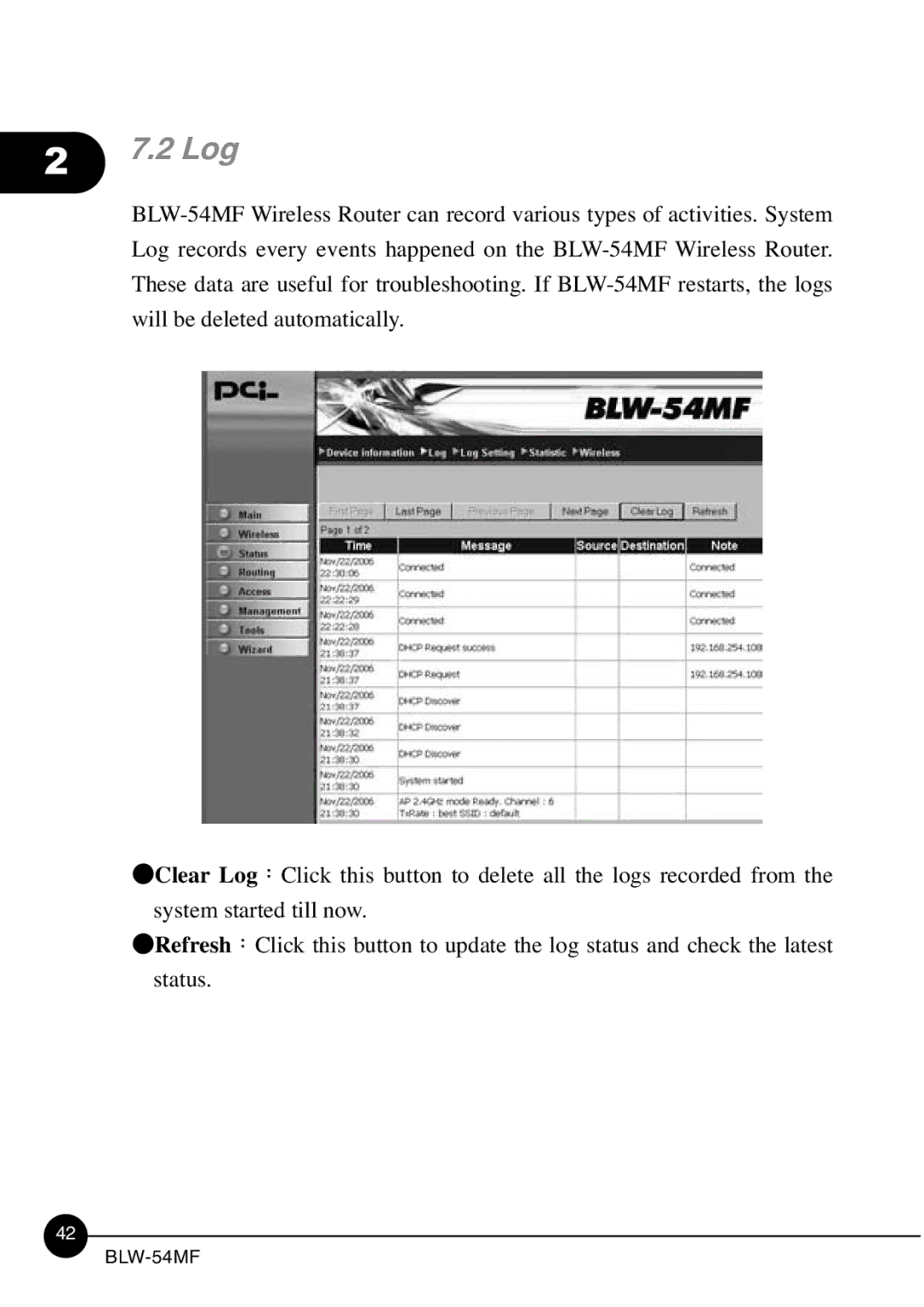 SMC Networks BLW-54MF manual 2 Log 