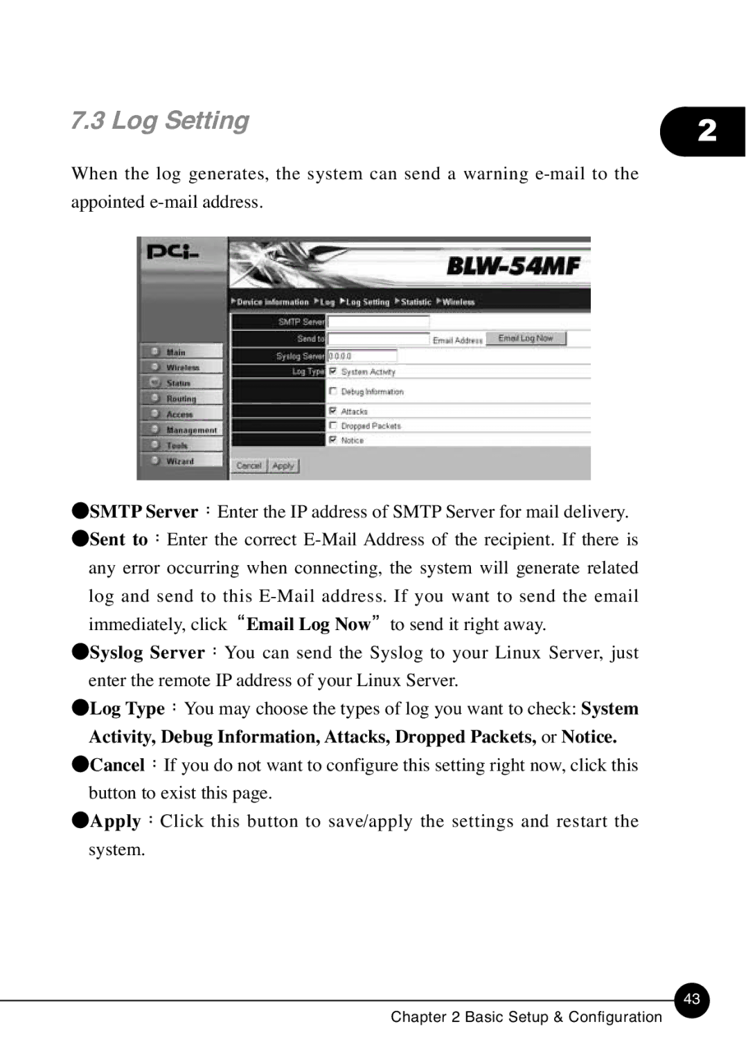 SMC Networks BLW-54MF manual Log Setting 