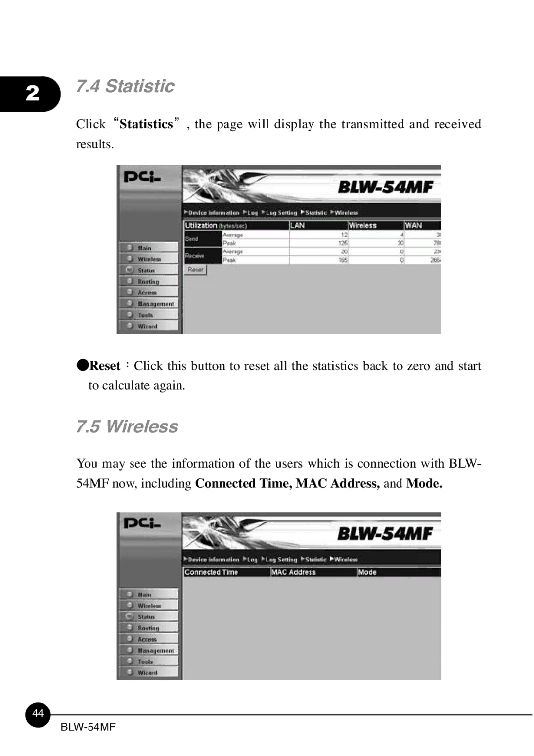 SMC Networks BLW-54MF manual Statistic, Wireless 