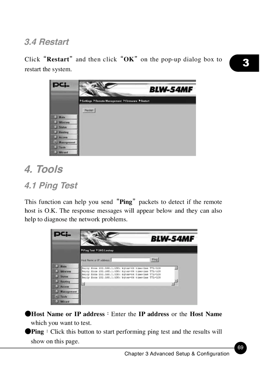 SMC Networks BLW-54MF manual Tools, Restart, Ping Test 