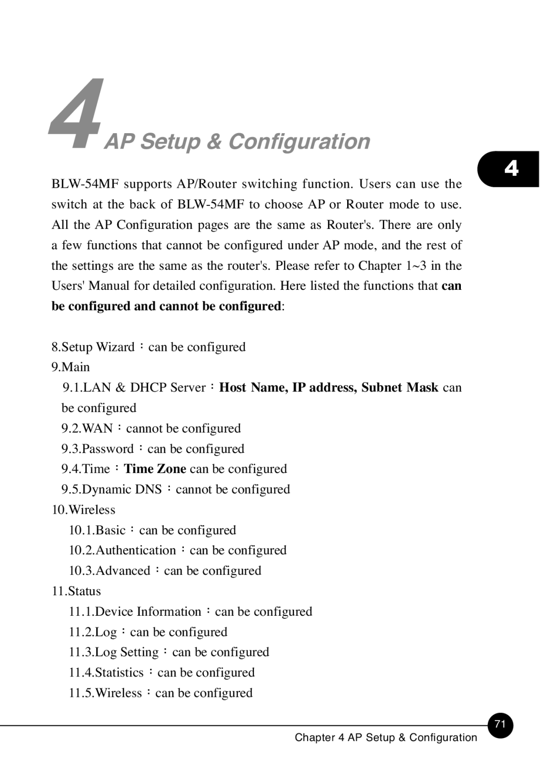 SMC Networks BLW-54MF manual 4AP Setup & Configuration, Be configured and cannot be configured 