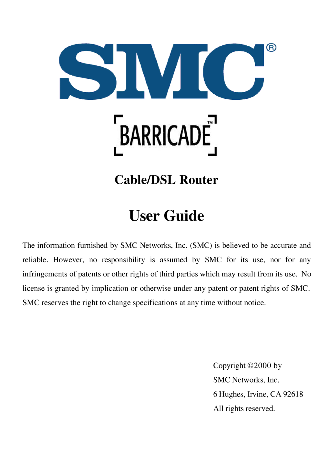 SMC Networks Cable/DSL Router specifications User Guide 