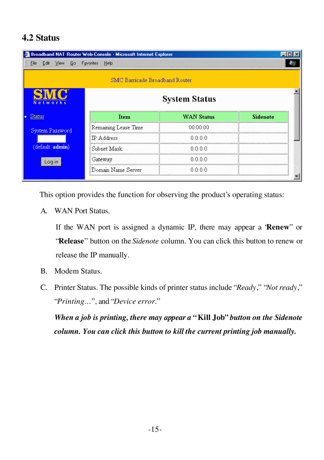 SMC Networks Cable/DSL Router specifications Status 