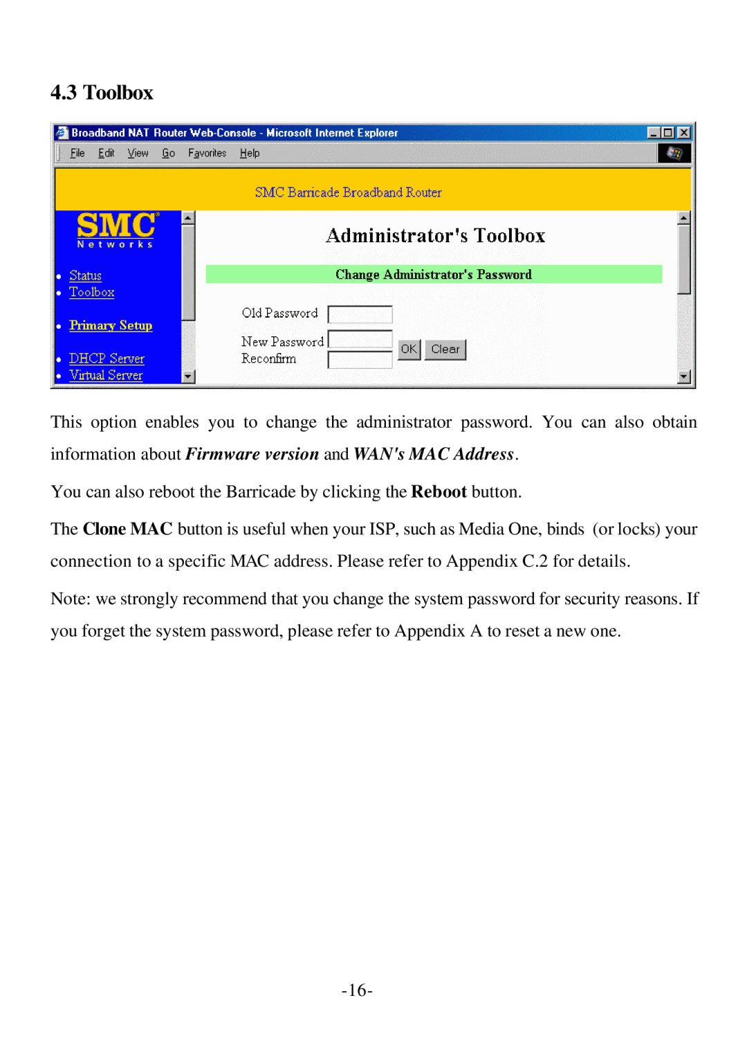 SMC Networks Cable/DSL Router specifications Toolbox 