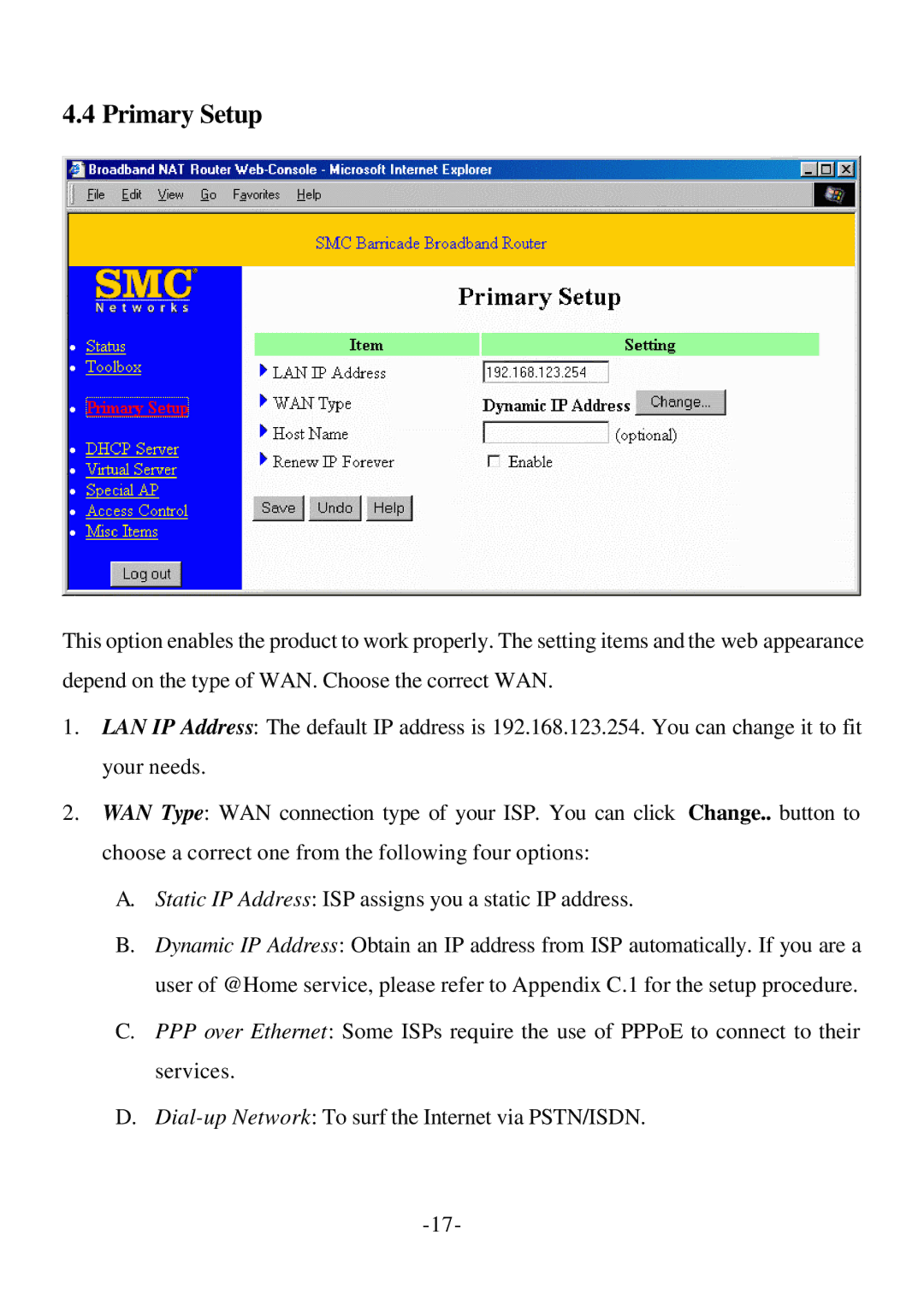 SMC Networks Cable/DSL Router specifications Primary Setup 