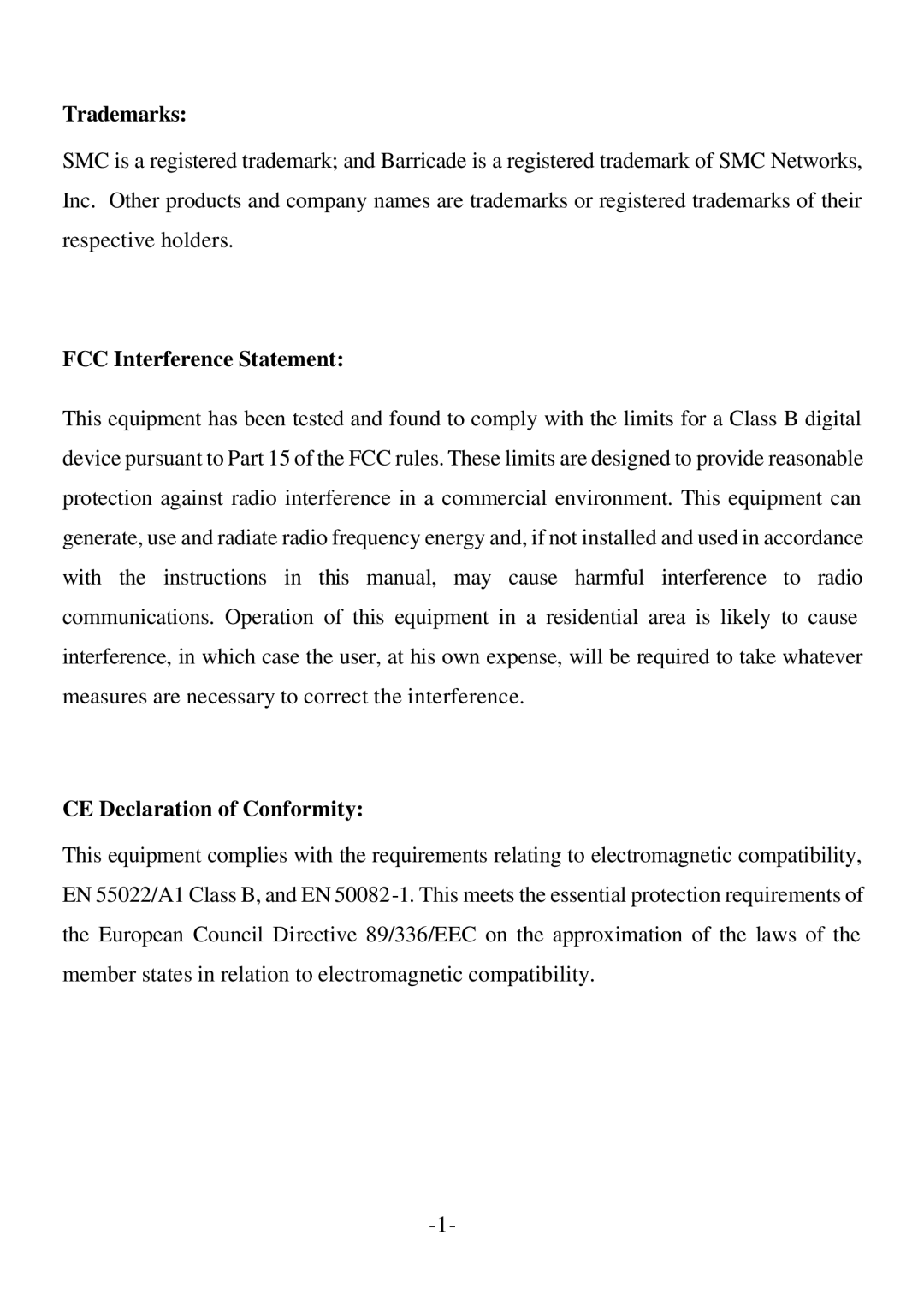 SMC Networks Cable/DSL Router specifications Trademarks, FCC Interference Statement, CE Declaration of Conformity 