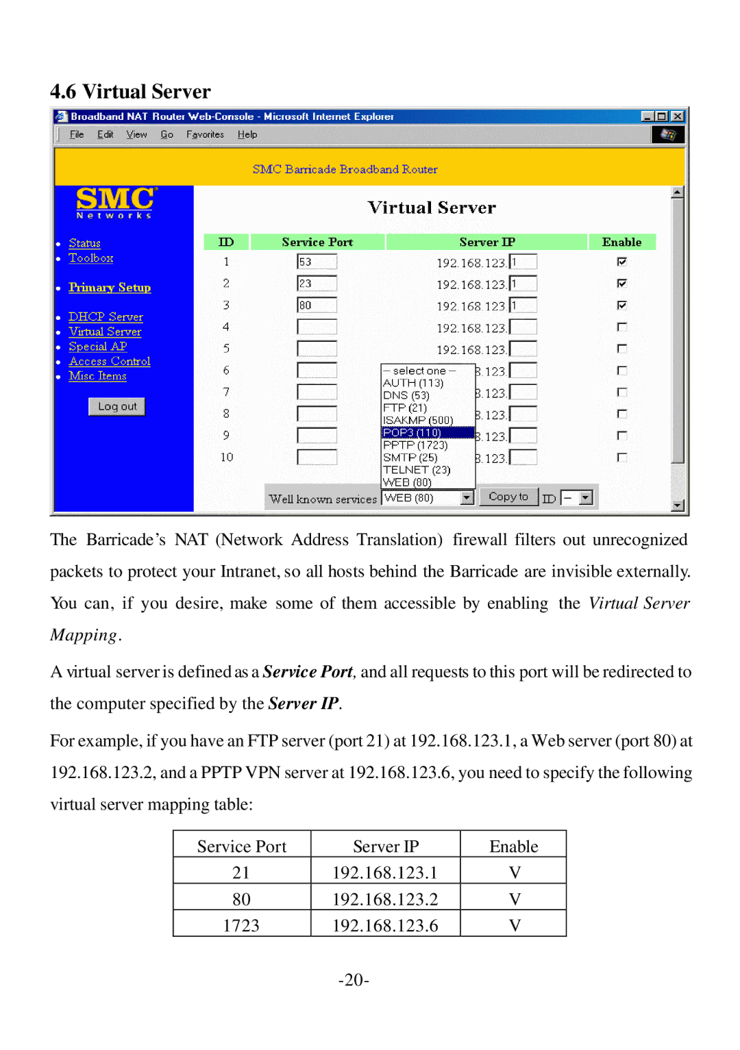 SMC Networks Cable/DSL Router specifications Virtual Server 