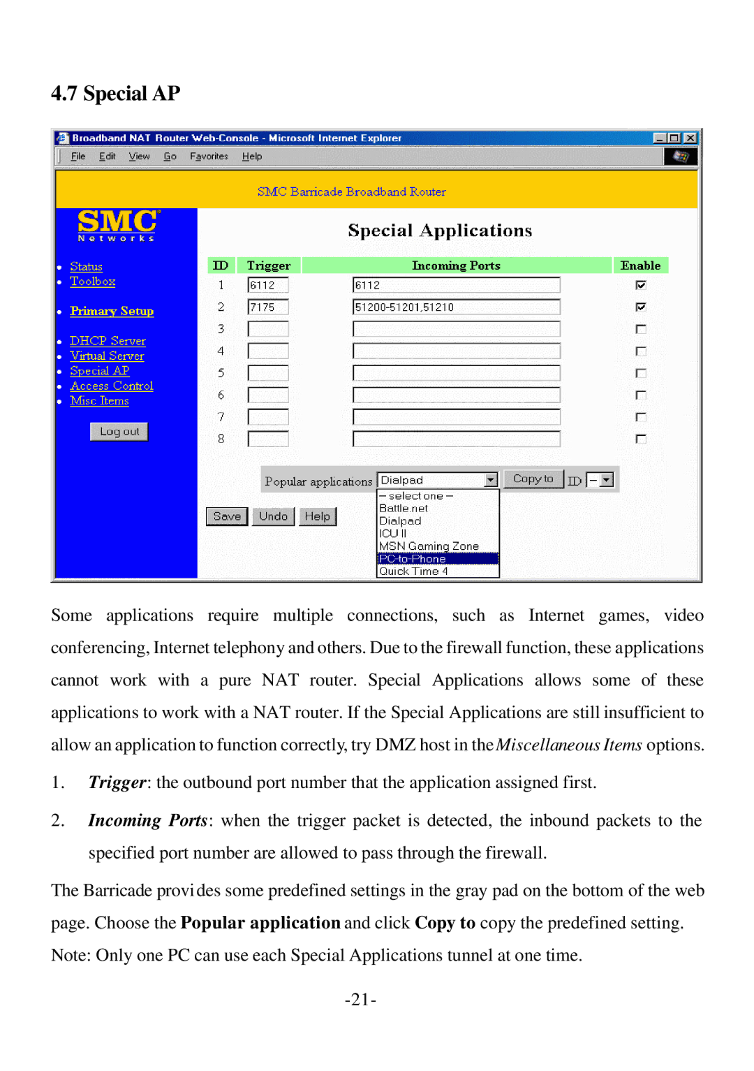 SMC Networks Cable/DSL Router specifications Special AP 