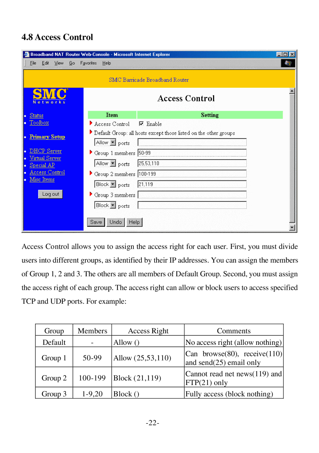 SMC Networks Cable/DSL Router specifications Access Control 