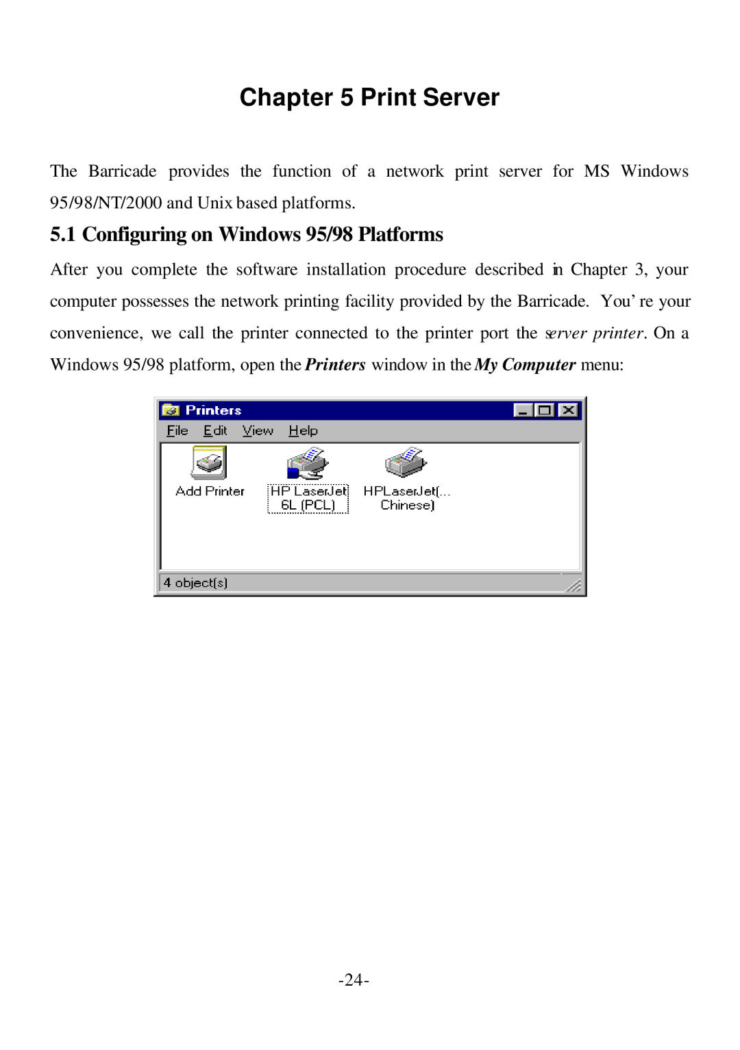 SMC Networks Cable/DSL Router specifications Print Server, Configuring on Windows 95/98 Platforms 