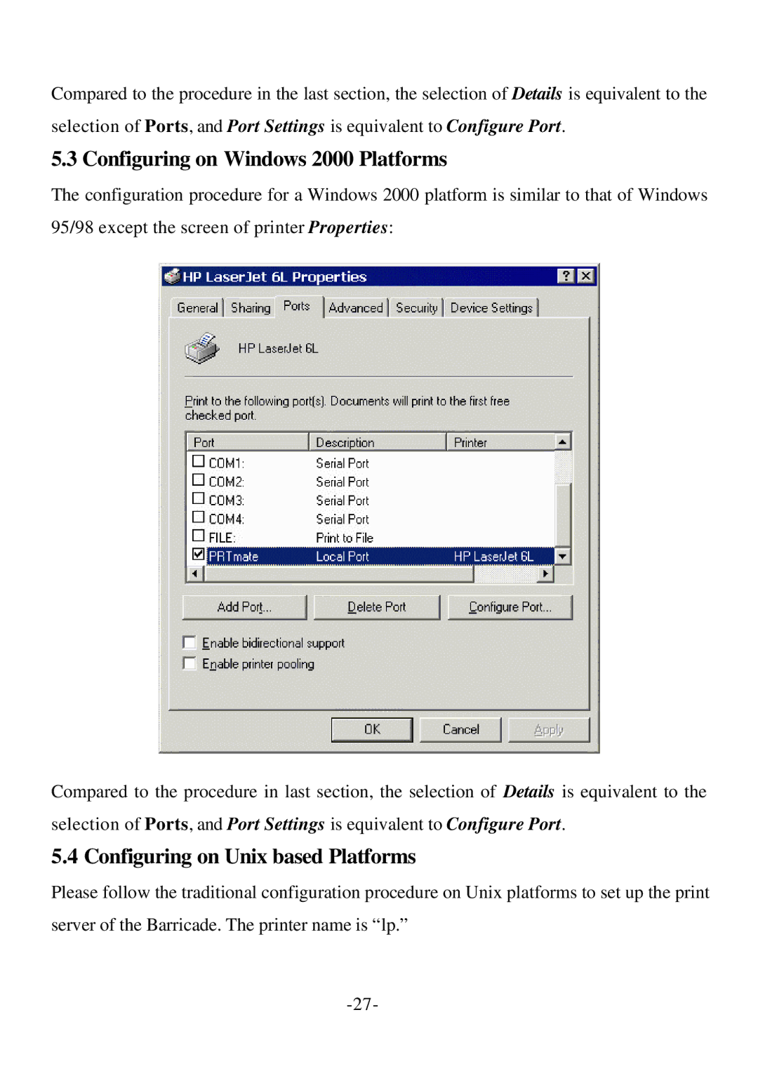 SMC Networks Cable/DSL Router specifications Configuring on Windows 2000 Platforms, Configuring on Unix based Platforms 