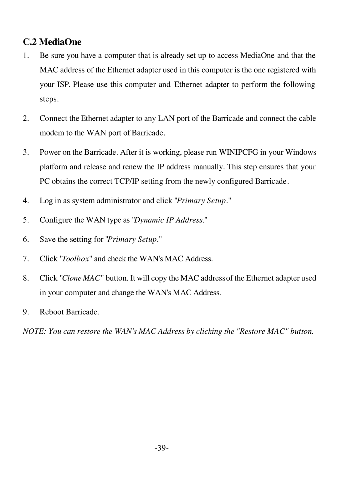 SMC Networks Cable/DSL Router specifications MediaOne 