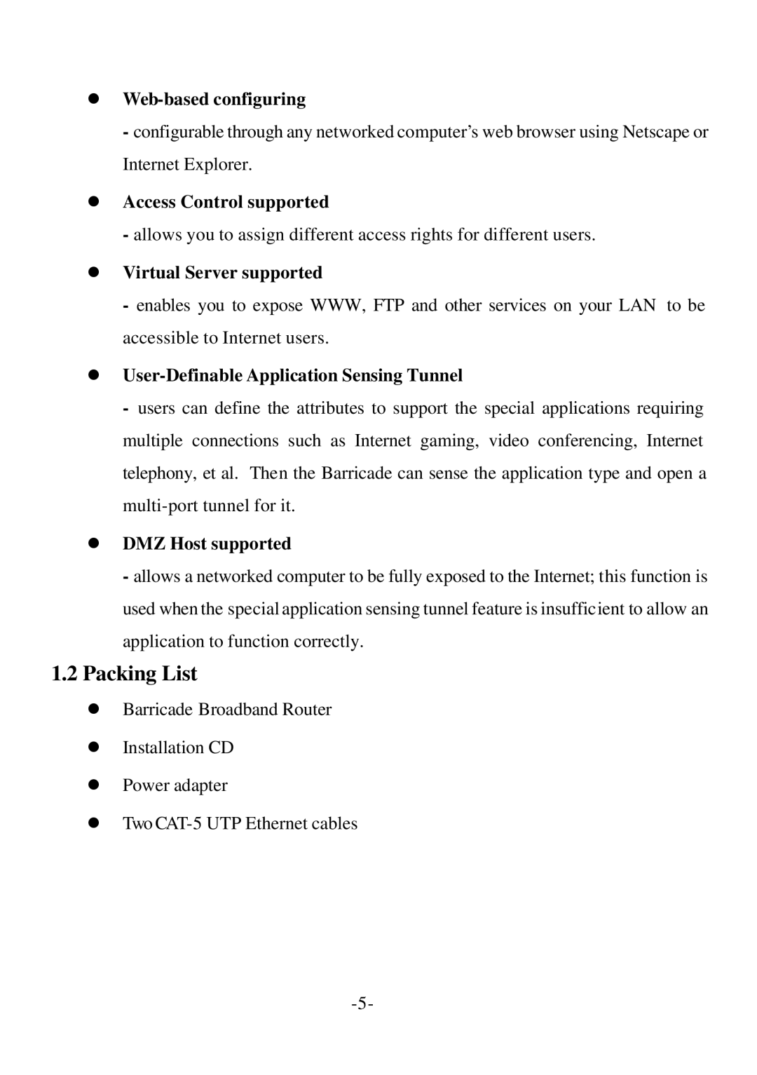 SMC Networks Cable/DSL Router specifications Packing List 