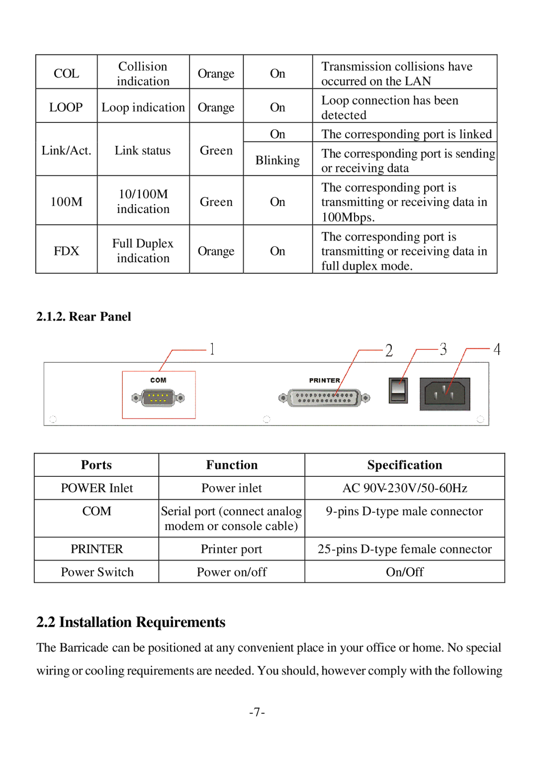 SMC Networks Cable/DSL Router specifications Installation Requirements, Rear Panel Ports Function Specification 