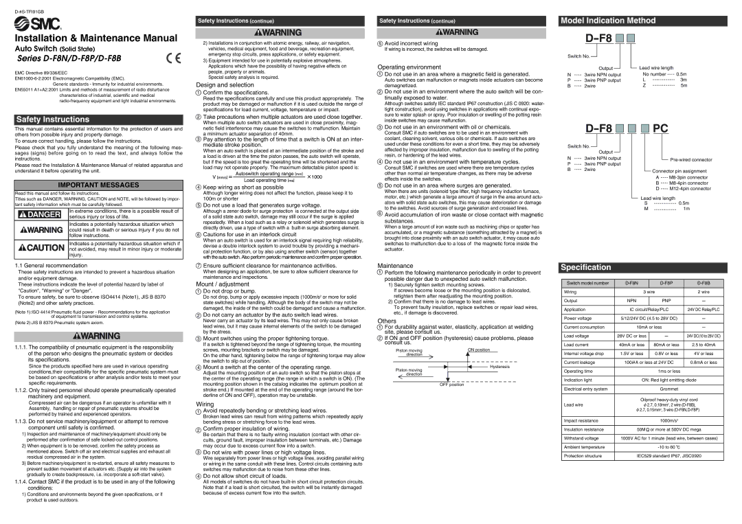 SMC Networks D-F8B Series specifications Design and selection, Operating environment, Mount / adjustment, Wiring, Others 