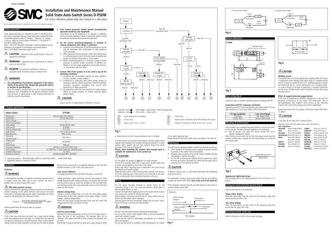 SMC Networks D-P5DW specifications Safety Instructions, Product specification, Exterior dimensions, Basic wiring Fig 