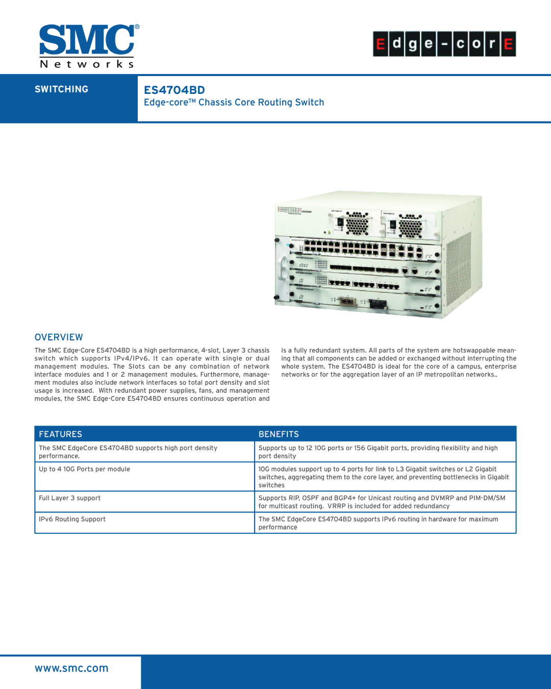 SMC Networks manual SWITCHINGES4704BD, Features Benefits 