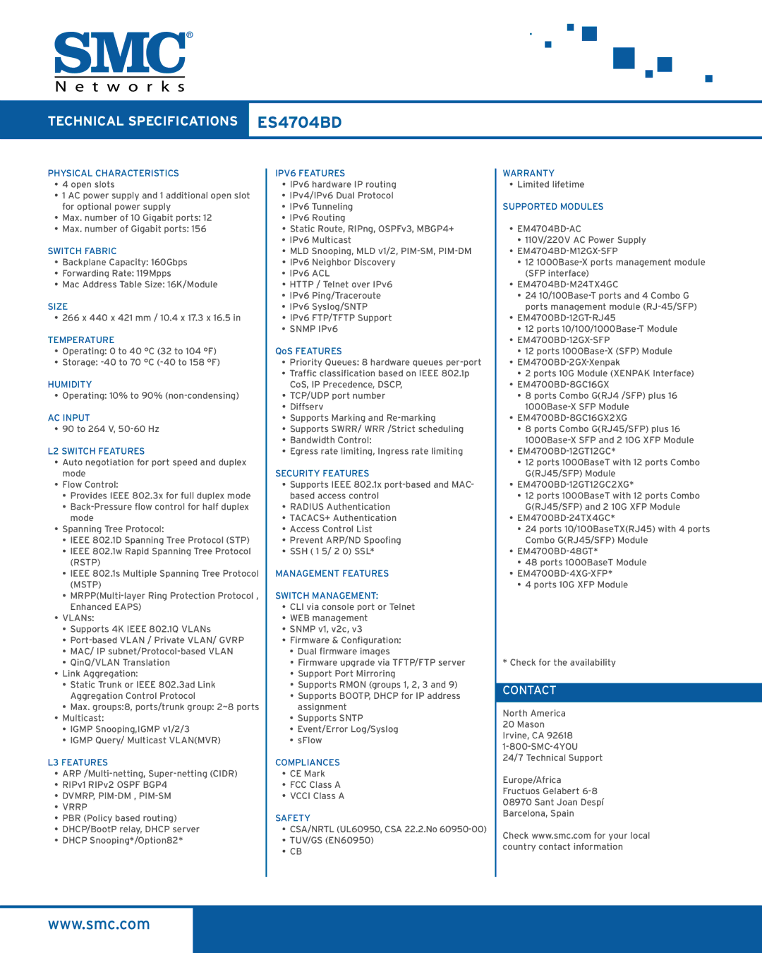 SMC Networks manual Technical Specifications ES4704BD, Contact 