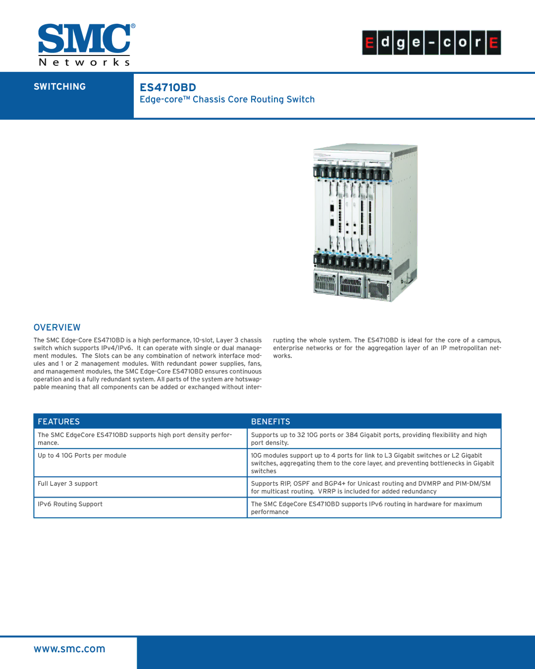 SMC Networks manual SWITCHINGES4710BD, Features Benefits 