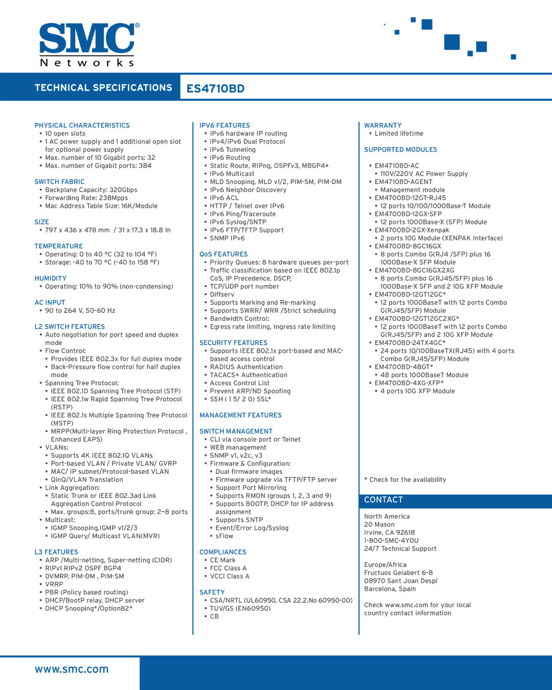 SMC Networks manual Technical Specifications ES4710BD, Contact, DVMRP, PIM-DM , PIM-SM Vrrp, EM4710BD-AGENT 