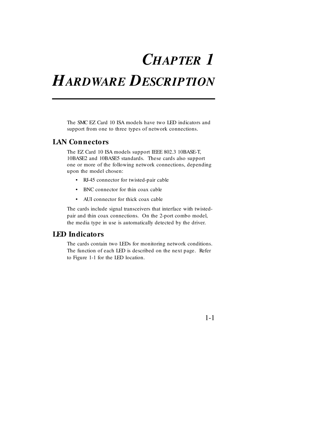 SMC Networks Ethernet ISA Network Cards manual Chapter Hardware Description, LAN Connectors 