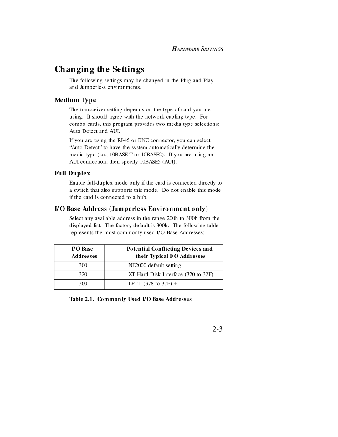 SMC Networks Ethernet ISA Network Cards Changing the Settings, Medium Type, Full Duplex, Commonly Used I/O Base Addresses 